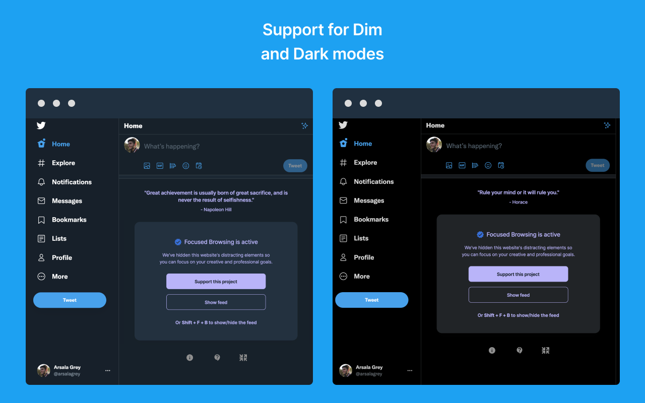 Screenshot showcasing Dim and Dark mode support